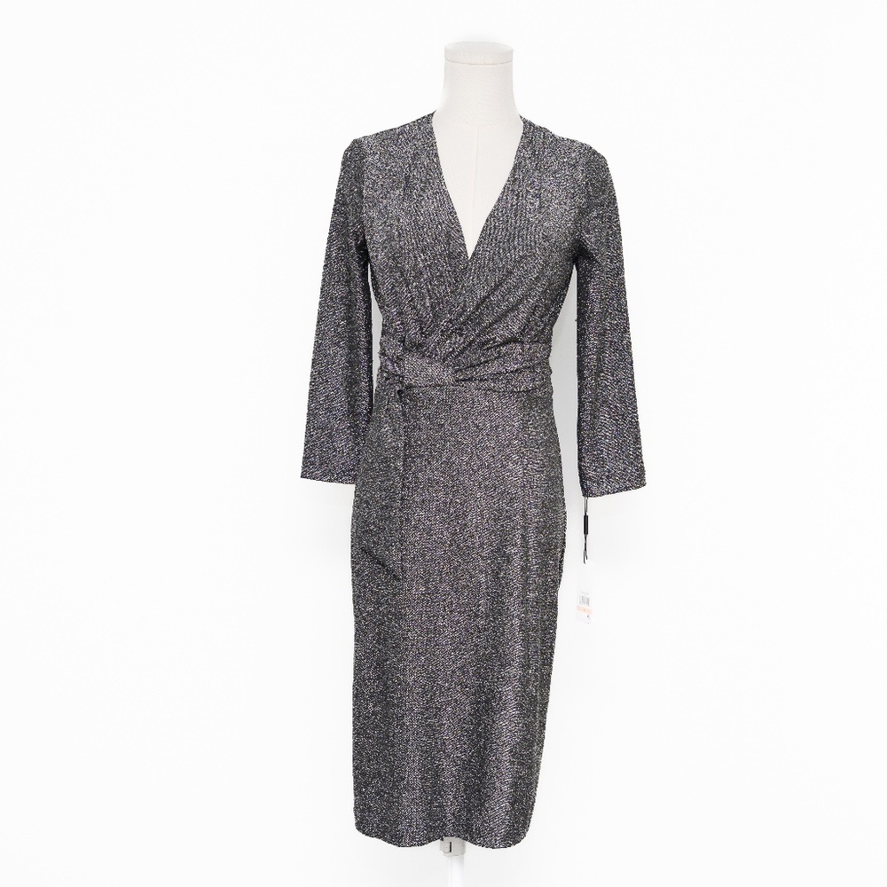 Calvin Klein - Metallic Faux-Wrap Cocktail Dress - Picture 2 of 11